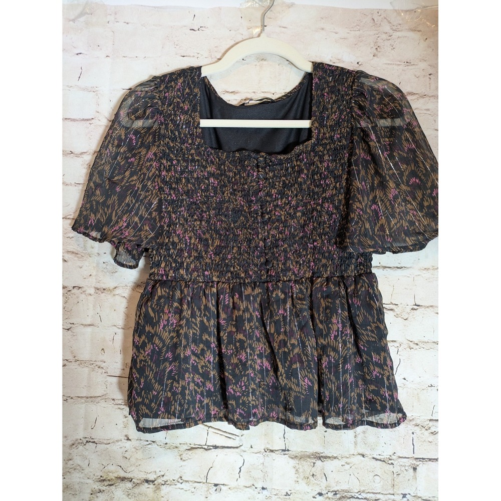 ONLY Babydoll Top Small Dark Romantic Floral Smocked Glitter Milk Maid